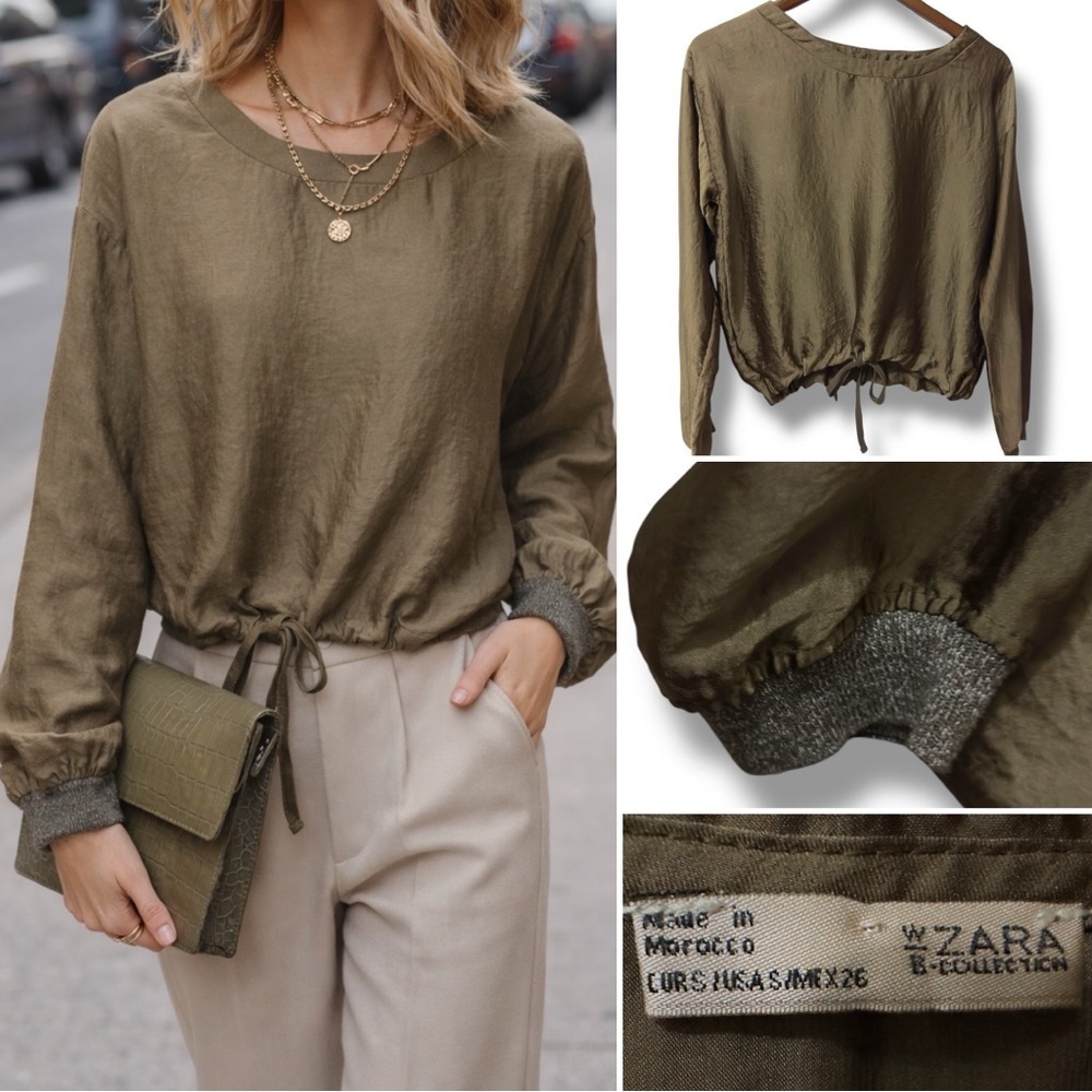 Zara | NWOT Morocco Olive Drawstring Hem Long Sleeve Top (size S)